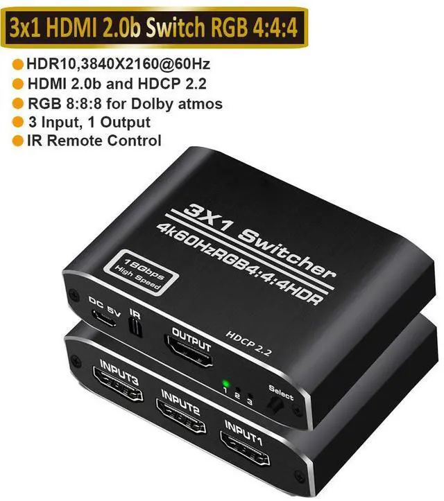 Main image of WRIARICH 4K 60Hz 3x1 HDMI Switch, 3 Port Auto HDMI Switch Box with IR Remote,Support 4Kx2K@60Hz 3D 1080P,3 in 1 Out HDMI Switch Switcher Selector for Xbox360/PS4/PS3/Roku/to TV Projector - OZQ3-1