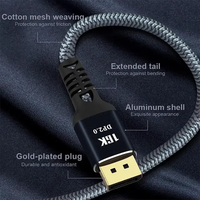 Alt view image 3 of 7 - WRIARICH 16K DisplayPort 2.0 Cable - 10Feet | 80Gbps, 16K Resolution, Support 80Gbps, HDR, HDCP 2.2, FreeSync G-Sync, Braided Display Port for Gaming Monitor, Graphics, PC, and more