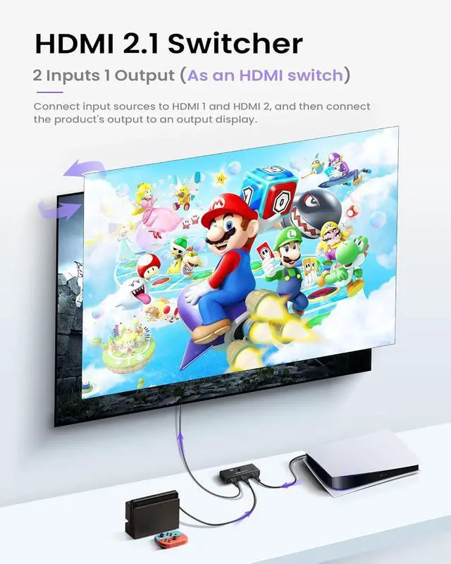 Alt view image 2 of 7 - WRIARICH HDMI Switch 2 in 1 Out 4K@120Hz, 8k Bi-directional HDMI Splitter, 2 Port HDMI Switcher Selector Support VRR, Dynamic HDR, HDCP 2.3 for Switch, PS4, HDTV, Monitor