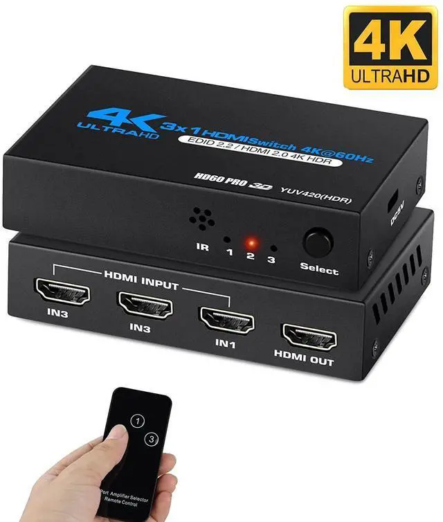 Main image of WRIARICH 4K HDR 3 in 1 Out HDMI Switch, 3 Ports 4K 60Hz HDMI 2.0 Switcher Selector with IR Wireless Remote, Supports UltraHD Dolby Vision, High Speed(Max to 18.5Gbps), HDR10, HDCP 2.2 & 3D, OZQ2-1