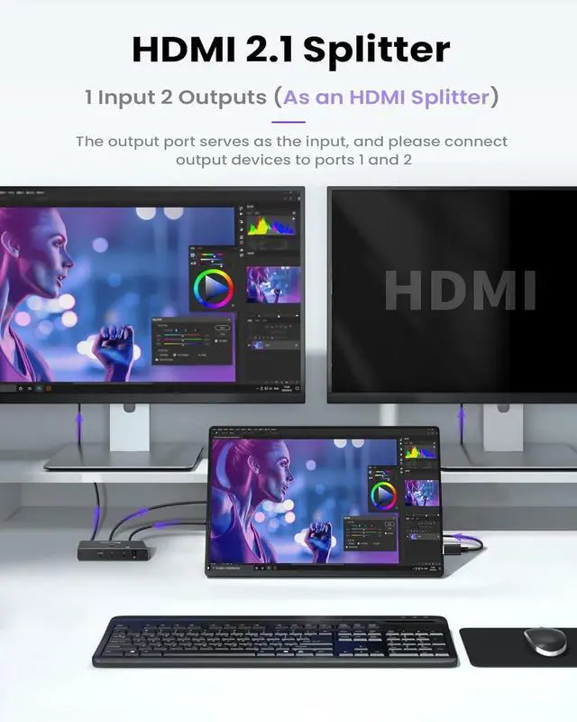 Alt view image 3 of 7 - WRIARICH HDMI 2.1 Switch 8K@60Hz, Bi-Directional HDMI Switcher 4K@120Hz, Aluminum HDMI Splitter 2 in 1 Out 48Gbps Ultra HD VRR, Dynamic HDR, HDCP 2.3 Compatible with Xbox Series X PS5 Fire Stick