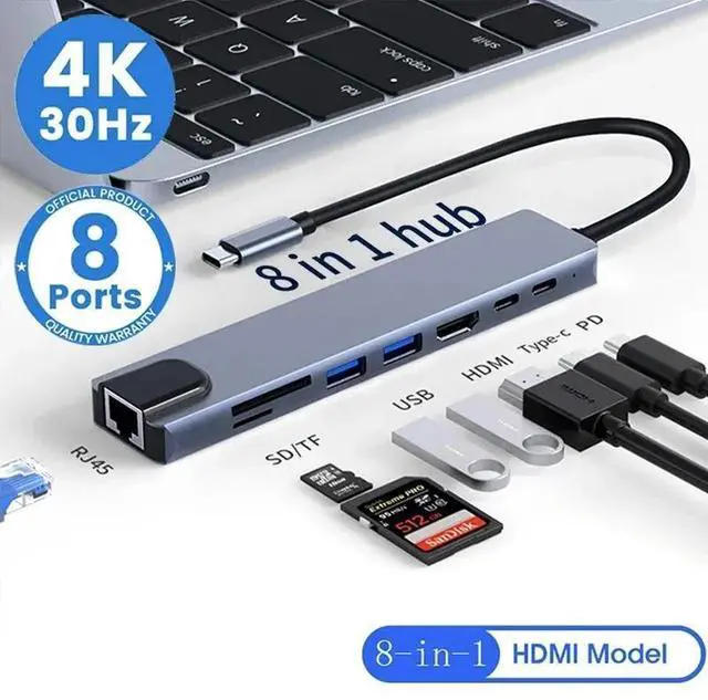 Main image of WRIARICH 8 in 1 USB Hub USB C Hub, Expand Multiport USB Splitter with 4K HDMI, Ethernet, 100W Power Delivery, USB 3.0&2.0, TF/SD Card Reader for MacBook Pro Air, iPad Laptop, Phones and More Devices
