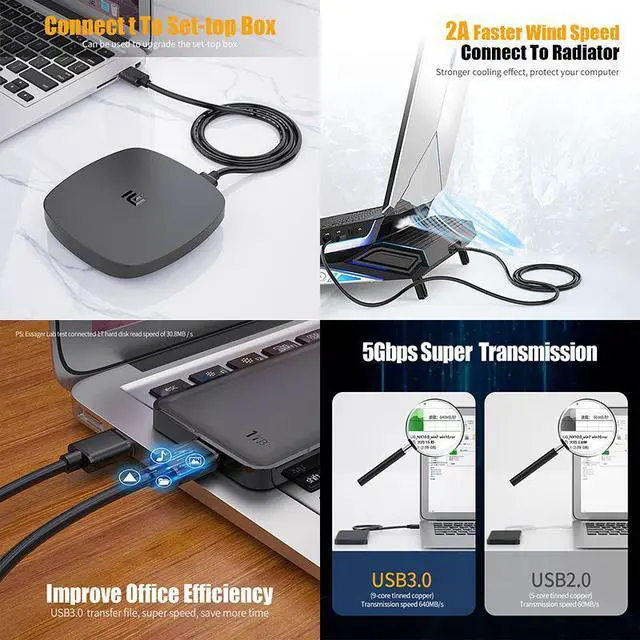 Alt view image 3 of 7 - WRIARICH USB 3.0 Extension cable Male to Male USB extender USB 3.0 cable extension Extender for Radiator Laptop fan Tv box (3 Pack,10FT)