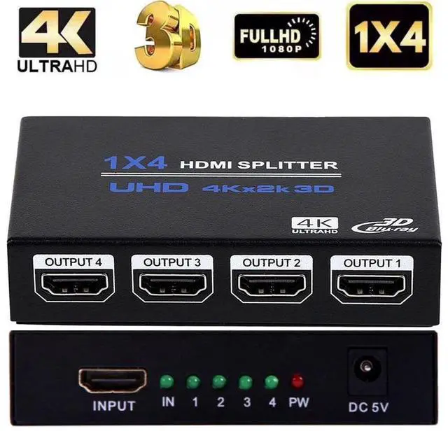 Main image of WRIARICH HDMI Splitter 1 in 4 Out 4K,LUOM 4 Port HDMI Splitter Powered Video Splitter 4 Outputs w/ AC Adapter, Duplicate/Mirror Screens for Fire Stick/Roku/DirecTV/Cable Box/Security Cameras