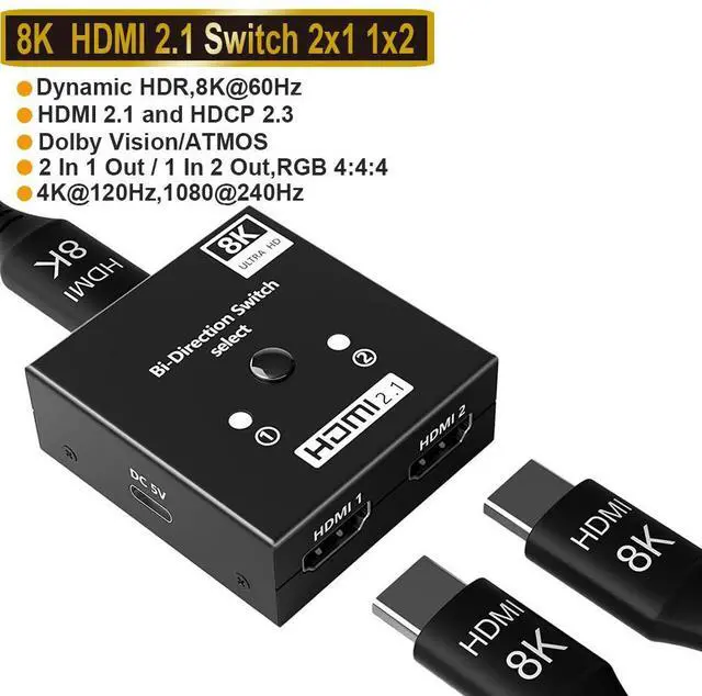 Main image of WRIARICH HDMI Switch 4K 120Hz, Bi-Directional HDMI Switcher 2 Input 1 Output, 1 Input 2 Output, Supports 4K/120Hz,8K/60Hz High Speed 48Gbps Transmission Compatible for Firestick, Xbox PS4 HDTV