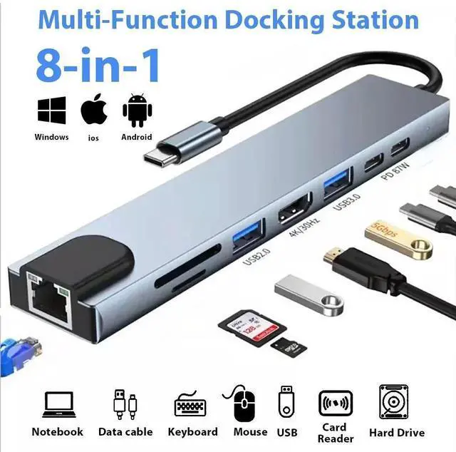 Main image of WRIARICH 8 in 1 USB C Hub with 4K HDMI, 100W PD, USB 3.0, USB2.0, TF/SD Card Reader, TF/SD Card Reader, Ethernet, Ultra Slim Portable USB Splitter Adapter for Laptop, HDD, Printer, Mouse, Keyboard