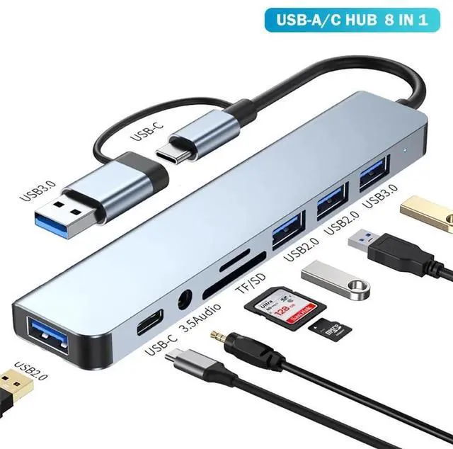 Main image of USB C Hub, 8 in 1 USB-C Multiport Adapter with 100W Power Delivery, USB 3.0 Ports/3 x USB 2.0, SD/TF Card Reader,3.5mm Audio for MacBook Pro/Air, iMac, iPad Pro, XPS, and More PC/Laptop/Tablet Devices