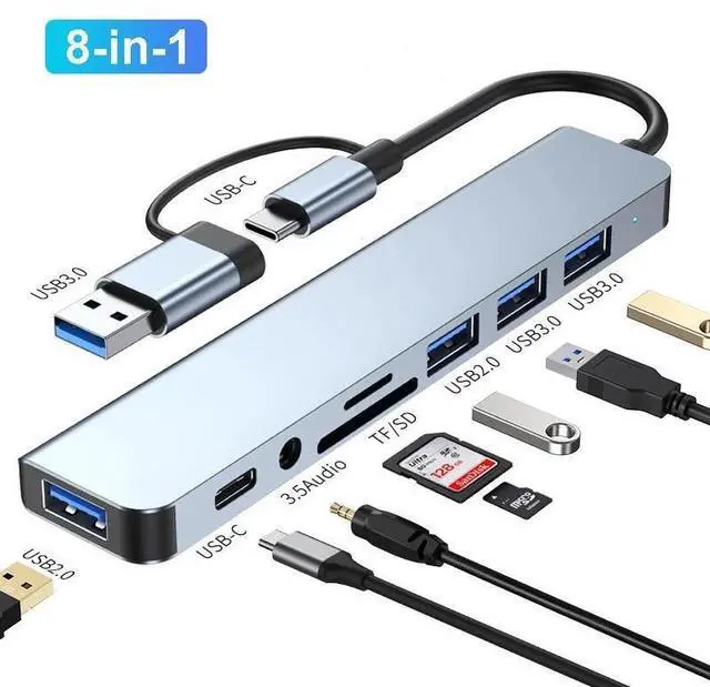 Main image of WRIARICH USB A Type C Hub, 8 in 1 USB C to USB Adapter with 100W Type C PD, SD/Micro SD Card Reader, USB3.0&3 USB2.0,3.5mm Audio, USB C Dongle Multiport Adapter for MacBook Air/Pro, iPad Pro M1