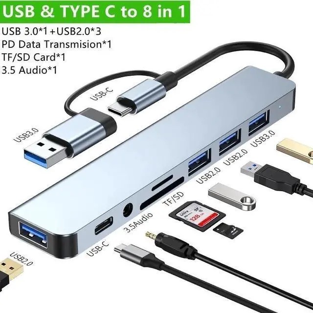 Main image of WRIARICH 8 in 1 USB A Type C Hub 5Gbps USB C Multiport Adapter with 4 USB-A, 100W Power Delivery, SD/TF Card Reader 3.5mm Audio USB C Hub Compatible with MacBook Pro/Air, and Other USB C Laptops