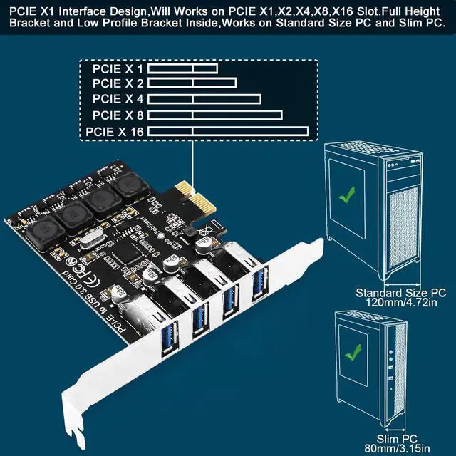 Alt view image 3 of 7 - WRIARICH 4 Port PCIE Expansion Card, 4 Ports USB 3.0 5Gbps High Speed Transmission Stable Power USB 3.0 Front Expansion Card, 4 External USB3.0 Ports