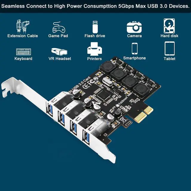 Alt view image 6 of 6 - WRIARICH 4 Ports PCI-E to USB 3.0 HUB PCI Express Expansion Card Adapter 5Gbps for Motherboard