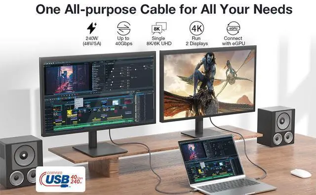 Alt view image 2 of 7 - USB4 Short Braided Cable 5FT, Supports Single 8K/Dual 4K@60Hz HD Display, 40 Gbps Data Transfer, 240W Charging USB C to Type-C Cable,Cpmpatible with SSD,Laptop, Hub, Docking, and all USB-C devices