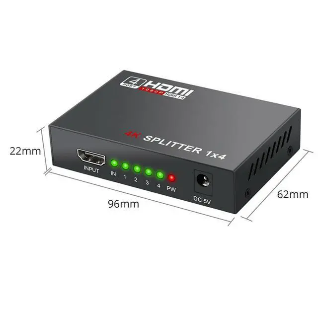 Alt view image 2 of 7 - WRIARICH HDMI Splitter 1 in 4 out Full Ultra HD 1080P 4K/2K 1X4 Port Box Hub with US Adapter v1.4 Powered Certified for 3D Support