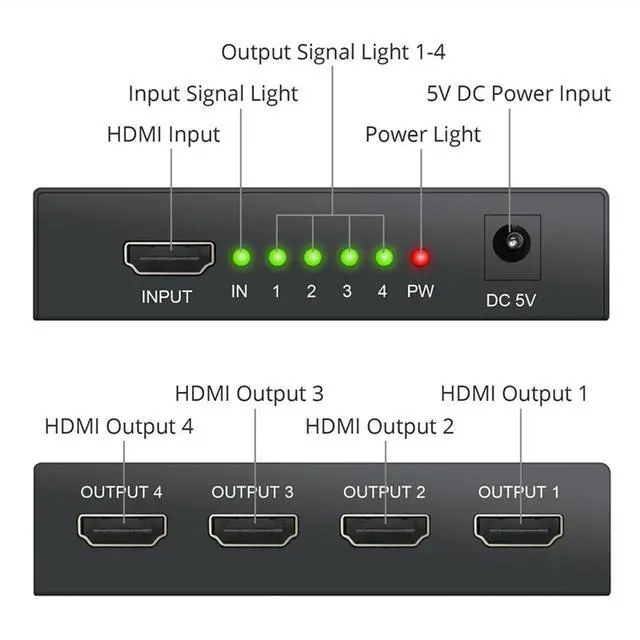 Alt view image 3 of 7 - WRIARICH HDMI Splitter 1 in 4 out Full Ultra HD 1080P 4K/2K 1X4 Port Box Hub with US Adapter v1.4 Powered Certified for 3D Support