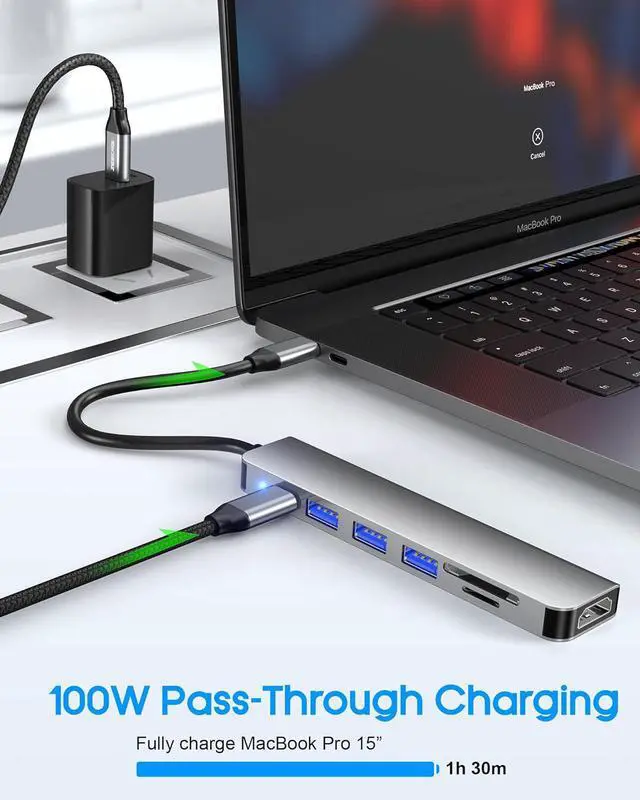 Alt view image 3 of 7 - WRIARICH USB C Hub, 7 in 1 USB C to HDMI Multiport Adapter, 4K HDMI, Power Delivery 100 W, 2 USB A 2.0 Port, 1 USB 3.0, SD/TF Card Reader, USB C Dongle for MacBook Pro/Air, Laptop and USB C Devices