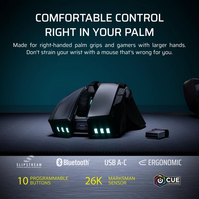 Alt view image 2 of 7 - IRONCLAW Wireless SE Gaming Mouse Black | 26,000 DPI, Ergonomic Design for Larger Hands, 10 Programmable Buttons, for MOBA, FPS, MMO
