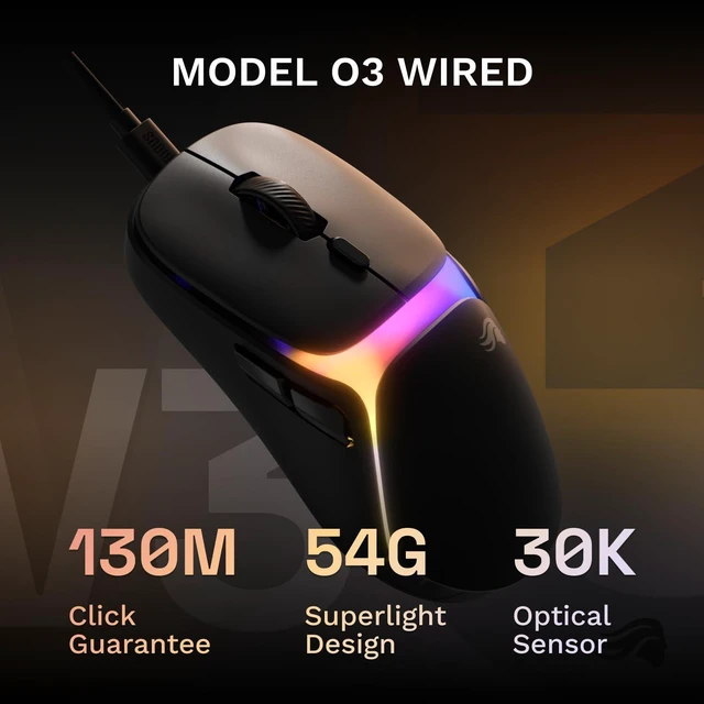 Alt view image 2 of 7 - Gaming Model O3 Wired Gaming Mouse - Ultralight 54g Weight, 130M Click Optical Switches, 30K DPI BAMF 3.0 Sensor, 750 IPS Tracking, 50G Acceleration, Supports All Grip Types - Black