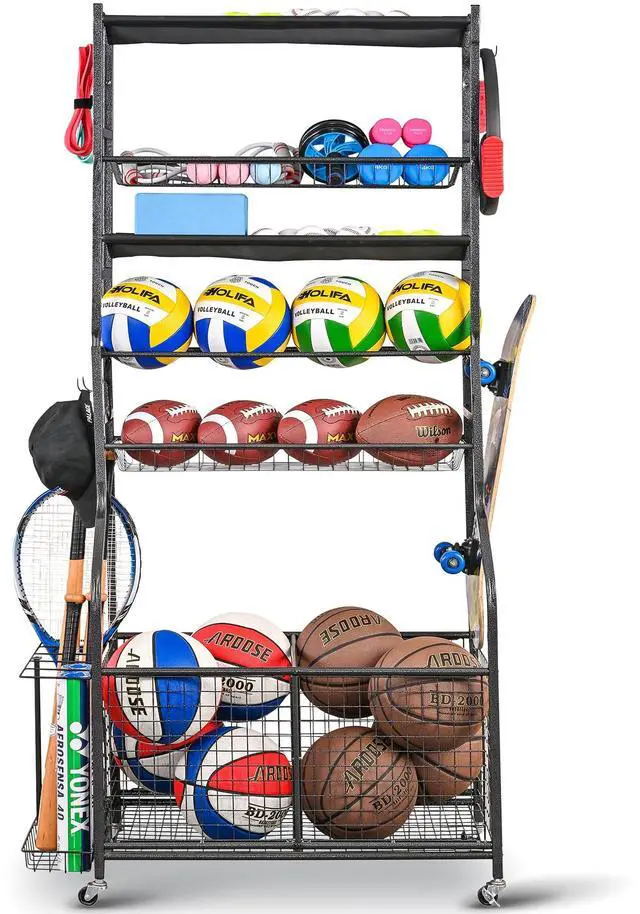 Main image of Mythinglogic Garage Sports Equipment Organizer, Ball Storage Extra Large Capacity Six Tier Sports Organizer for Garage, Basketball Rack with Hooks and Baskets for Football, Soccer Ball, Bat, Toys