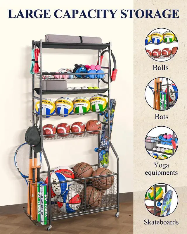 Alt view image 2 of 7 - Mythinglogic Garage Sports Equipment Organizer, Ball Storage Extra Large Capacity Six Tier Sports Organizer for Garage, Basketball Rack with Hooks and Baskets for Football, Soccer Ball, Bat, Toys