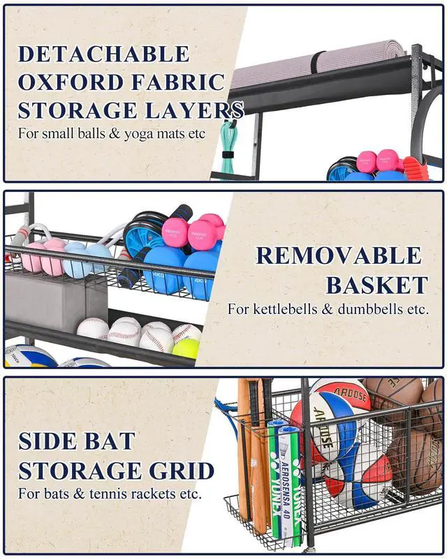 Alt view image 3 of 7 - Mythinglogic Garage Sports Equipment Organizer, Ball Storage Extra Large Capacity Six Tier Sports Organizer for Garage, Basketball Rack with Hooks and Baskets for Football, Soccer Ball, Bat, Toys