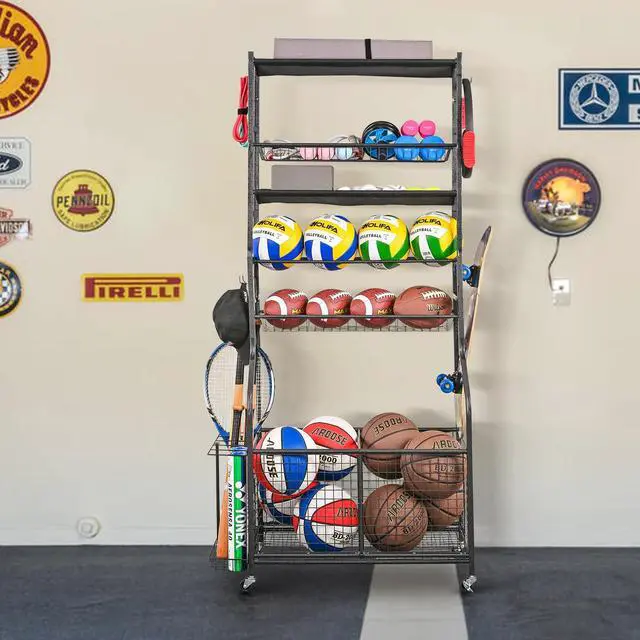 Alt view image 7 of 7 - Mythinglogic Garage Sports Equipment Organizer, Ball Storage Extra Large Capacity Six Tier Sports Organizer for Garage, Basketball Rack with Hooks and Baskets for Football, Soccer Ball, Bat, Toys