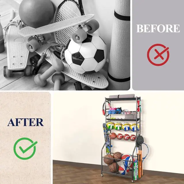 Alt view image 6 of 7 - Mythinglogic Garage Sports Equipment Organizer, Ball Storage Extra Large Capacity Six Tier Sports Organizer for Garage, Basketball Rack with Hooks and Baskets for Football, Soccer Ball, Bat, Toys