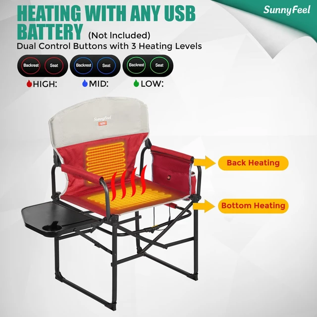 Alt view image 4 of 7 - SUNNYFEEL Heated Camping Directors Chair, Heavy Duty,Oversized Portable Folding Chair with Side Table, Pocket for Beach, Fishing,Trip,Picnic,Lawn,Concert Outdoor Foldable Camp Chairs
