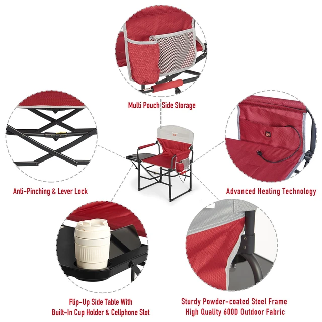 Alt view image 5 of 7 - SUNNYFEEL Heated Camping Directors Chair, Heavy Duty,Oversized Portable Folding Chair with Side Table, Pocket for Beach, Fishing,Trip,Picnic,Lawn,Concert Outdoor Foldable Camp Chairs