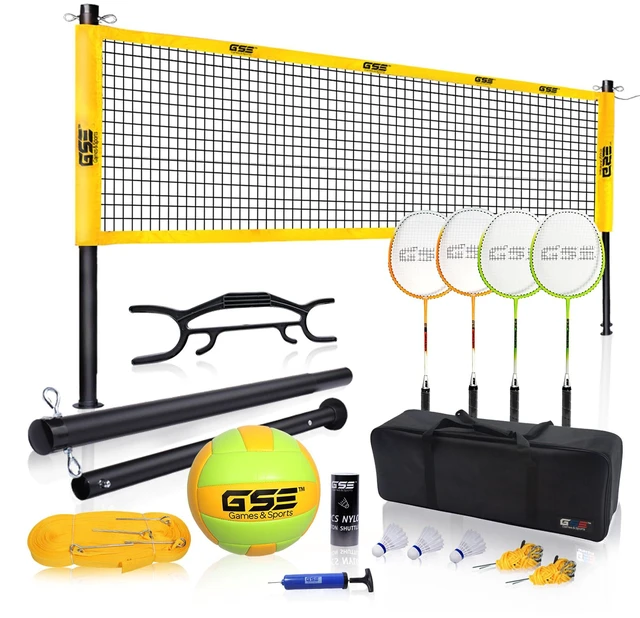 Main image of GSE Games & Sports Expert Outdoor Badminton and Volleyball Combo Set, Professional Net Game Set with 4 Badminton Rackets, 3 Shuttlecocks, Volleyball and Carry Bag for Backyard, Beach, Lawn and Park