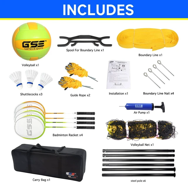 Alt view image 3 of 7 - GSE Games & Sports Expert Outdoor Badminton and Volleyball Combo Set, Professional Net Game Set with 4 Badminton Rackets, 3 Shuttlecocks, Volleyball and Carry Bag for Backyard, Beach, Lawn and Park