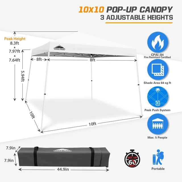 Alt view image 3 of 7 - EAGLE PEAK 10x10 Slant Leg Pop-up Canopy Tent Easy One Person Setup Instant Outdoor Beach Canopy Folding Portable Sports Shelter 10x10 Base 8x8 Top (White)