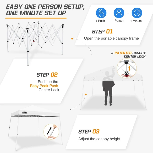 Alt view image 2 of 7 - EAGLE PEAK 10x10 Slant Leg Pop-up Canopy Tent Easy One Person Setup Instant Outdoor Beach Canopy Folding Portable Sports Shelter 10x10 Base 8x8 Top (White)