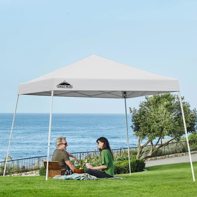 Alt view image 5 of 7 - EAGLE PEAK 10x10 Slant Leg Pop-up Canopy Tent Easy One Person Setup Instant Outdoor Beach Canopy Folding Portable Sports Shelter 10x10 Base 8x8 Top (White)
