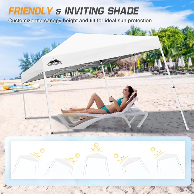 Alt view image 6 of 7 - EAGLE PEAK 10x10 Slant Leg Pop-up Canopy Tent Easy One Person Setup Instant Outdoor Beach Canopy Folding Portable Sports Shelter 10x10 Base 8x8 Top (White)