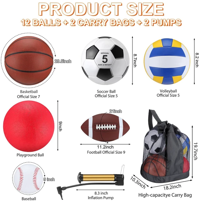Alt view image 2 of 6 - 12 Pcs Assorted Sport Ball Set for Youth Adult Official Size Basketball Football Volleyball Soccer Baseball Playground Ball with Bag and Pump Gifts(Classic,Adult Youth)
