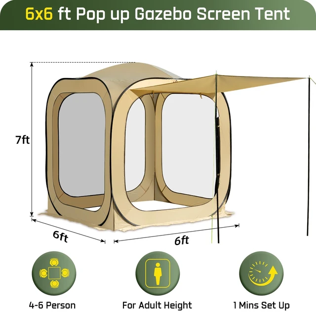 Alt view image 3 of 7 - 6x6 FT Pop Up Screen House Tent - Instant Screened Gazebo Canopy with Mosquito Net, Portable Backyard Tent for 4-6 People, Easy Setup Patio Shelter for Camping, BBQ, Sports & Outdoor