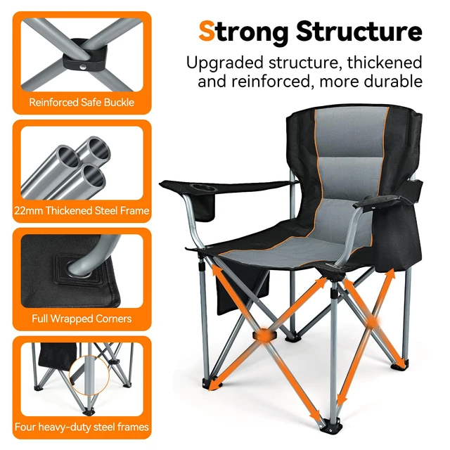 Alt view image 4 of 7 - Camping Chairs, 2 Pack Oversized Heavy Duty Fully Padded Outdoor Folding Chairs with Cup Holder, Cooler Bag and Side Pocket, Support 400 LBS, Carry Bag Included, Versatile for Sports,Outdoors & Lawns