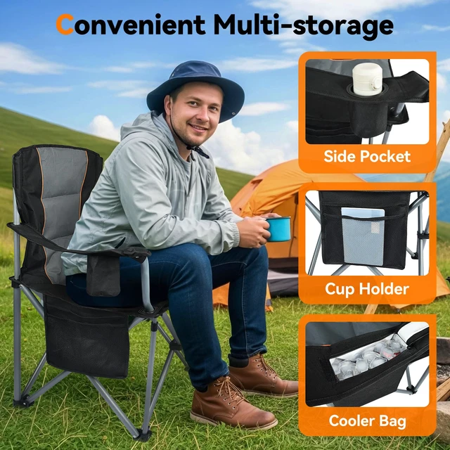 Alt view image 6 of 7 - Camping Chairs, 2 Pack Oversized Heavy Duty Fully Padded Outdoor Folding Chairs with Cup Holder, Cooler Bag and Side Pocket, Support 400 LBS, Carry Bag Included, Versatile for Sports,Outdoors & Lawns