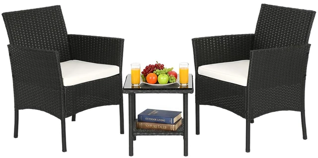 Main image of 3-Piece Patio Furniture Set | Black & Beige | Outdoor Wicker Furniture | with Coffee Table | Modern Rattan Chairs Conversation Set | Outdoor Seating | Weather-Resistant | for Porch, Garden, Lawn