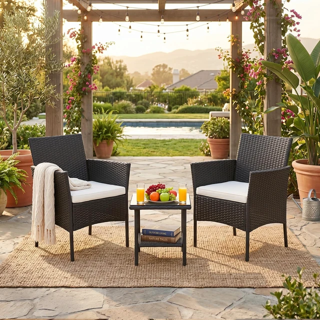 Alt view image 2 of 7 - 3-Piece Patio Furniture Set | Black & Beige | Outdoor Wicker Furniture | with Coffee Table | Modern Rattan Chairs Conversation Set | Outdoor Seating | Weather-Resistant | for Porch, Garden, Lawn
