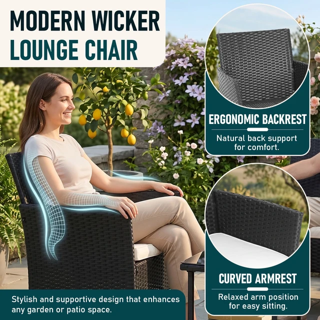 Alt view image 4 of 7 - 3-Piece Patio Furniture Set | Black & Beige | Outdoor Wicker Furniture | with Coffee Table | Modern Rattan Chairs Conversation Set | Outdoor Seating | Weather-Resistant | for Porch, Garden, Lawn