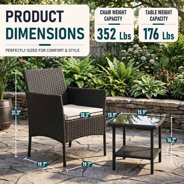 Alt view image 7 of 7 - 3-Piece Patio Furniture Set | Black & Beige | Outdoor Wicker Furniture | with Coffee Table | Modern Rattan Chairs Conversation Set | Outdoor Seating | Weather-Resistant | for Porch, Garden, Lawn