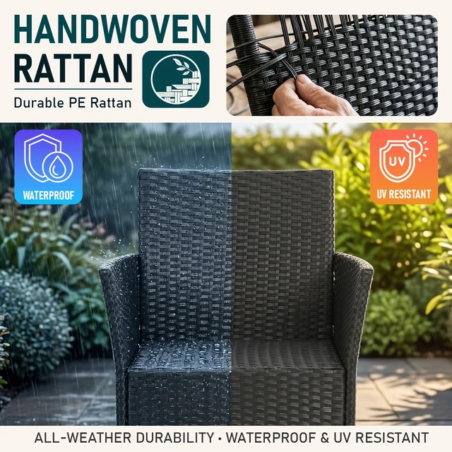 Alt view image 6 of 7 - 3-Piece Patio Furniture Set | Black & Beige | Outdoor Wicker Furniture | with Coffee Table | Modern Rattan Chairs Conversation Set | Outdoor Seating | Weather-Resistant | for Porch, Garden, Lawn