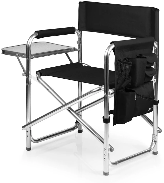 Main image of Sports Chair with Side Table and Armrest Caddy, Lightweight Aluminum Folding Outdoor Camping Chair for Adults, Portable Director Style Lawn Seating with Pockets & Carry Strap, (Black)