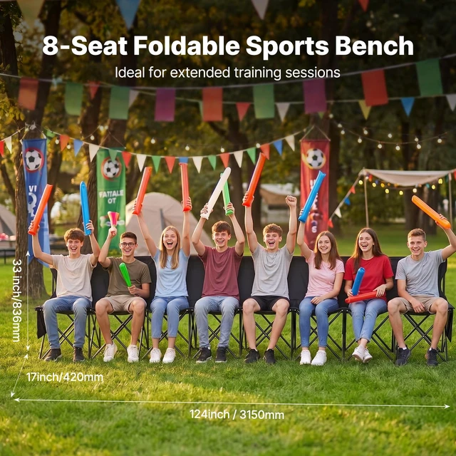 Alt view image 2 of 7 - Portable Folding Bench, 8 Seats Foldable Sideline Bench, Outdoor Camping Chair with Carry Bag & Backrest, Team Sport Sideline Bench for Football Fishing, No Assembly Instant Seating, Black