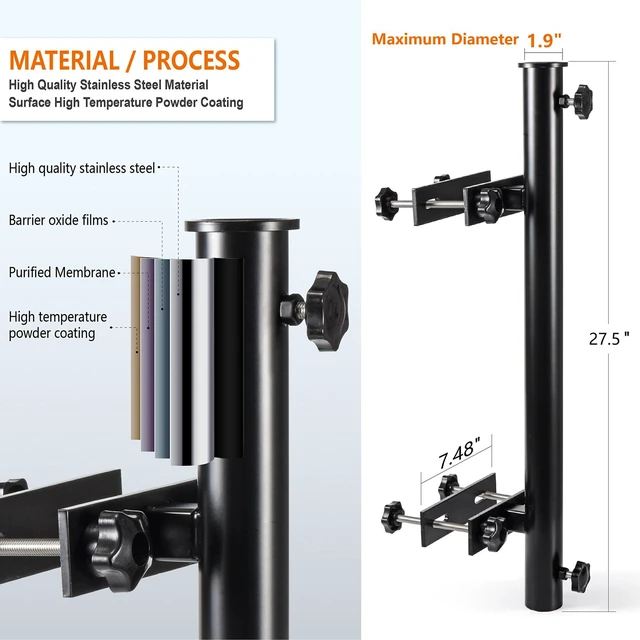 Alt view image 3 of 5 - 304 Stainless Steel Umbrella Deck Mount, Patio Umbrella Holder, Post Black,Fits Umbrellas up to 1.9", Easy Installation, Sturdy, Save Space, Heavy Duty Outdoor Umbrella Base, Railing Mounting Brackets