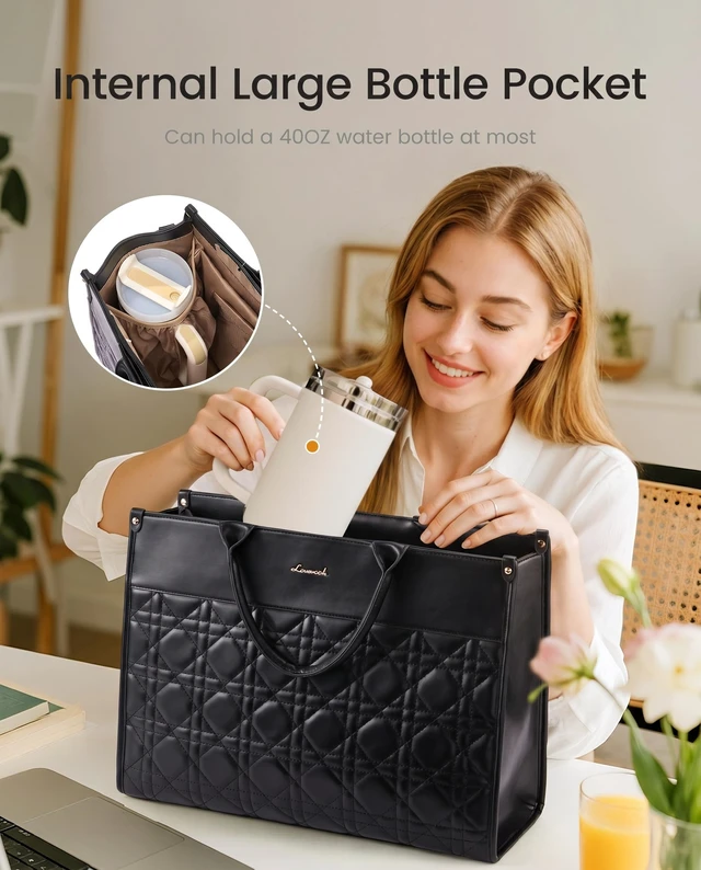 Alt view image 3 of 7 - Laptop Tote Bag for Women with Large Cup Holder, 17.3 Inch PU Leather Work Bag Teacher Tote Bag, Waterproof Bag for School with Zipper, Computer Messenger Bags Business Office