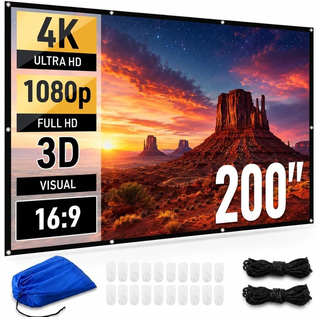 Main image of 200 Inch Projector Screen Outdoor Indoor, 4K Full HD 3D 16:9 Double-Sided Projection, Foldable Portable, Wall Mount Hanging Extra Large, Home Backyard Movies (2025, 200")