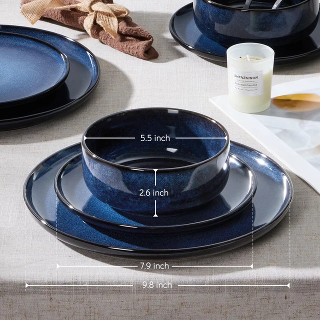 Alt view image 2 of 7 - Dinnerware Sets for 4, 12-Piece Stoneware Plates and Bowls Set, Ceramic Dishes Reactive Glaze Dinning Ware, Microwave & Dishwasher Safe - Deep Sea Blue