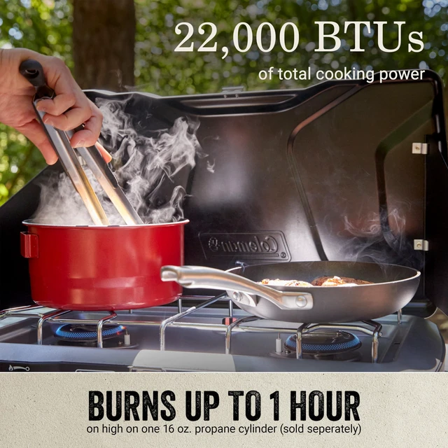 Alt view image 3 of 7 - Triton+ 2-Burner Propane Camping Stove with InstaStart Ignition, Portable Camping Cooktop with 2 Adjustable Burners & Wind Guards, 22,000 BTUs of Power for Camping, Tailgating, Grilling